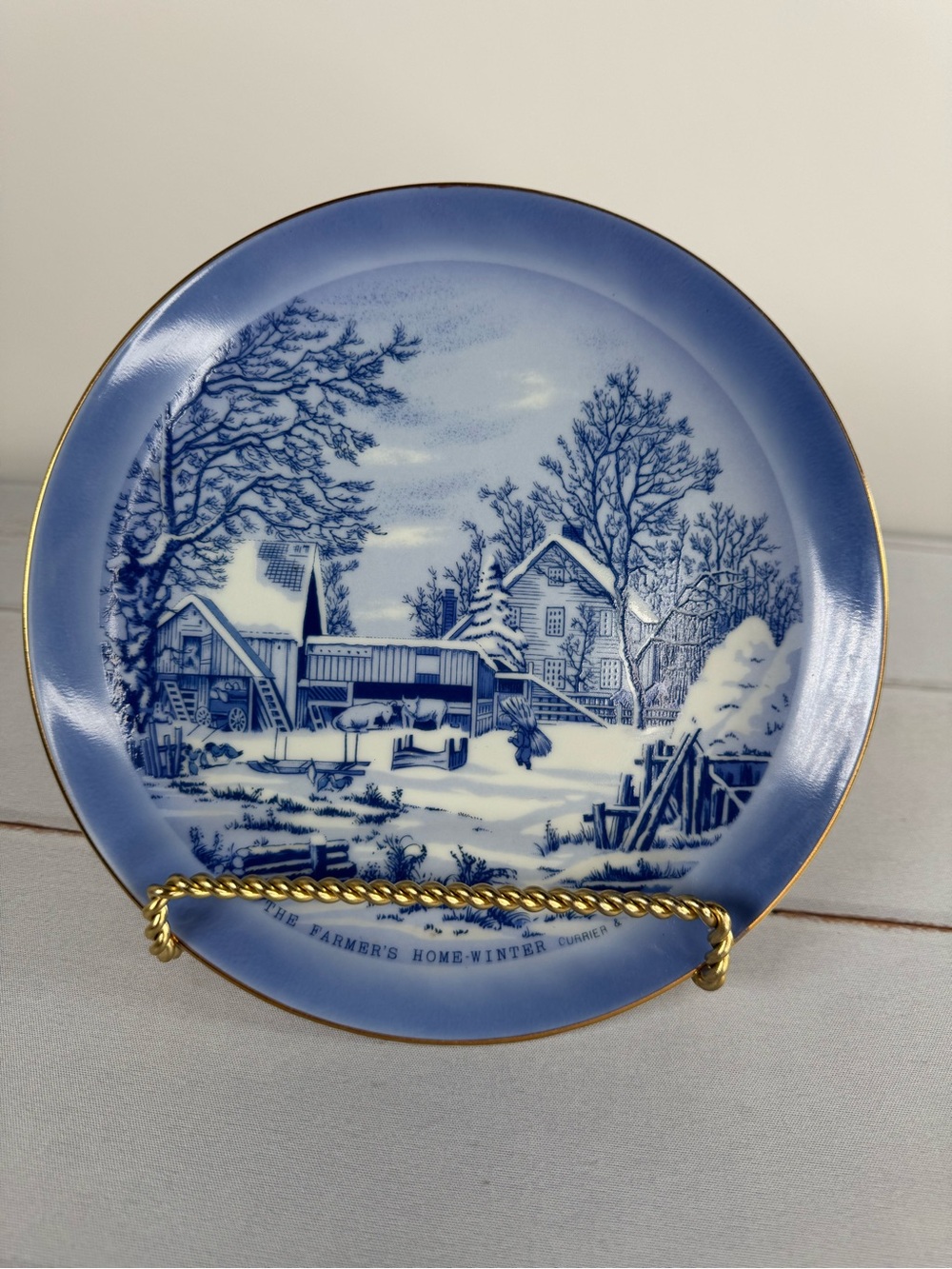 Vintage Currier & Ives "The Farmer's Home – Winter" Blue Decorative Plate
